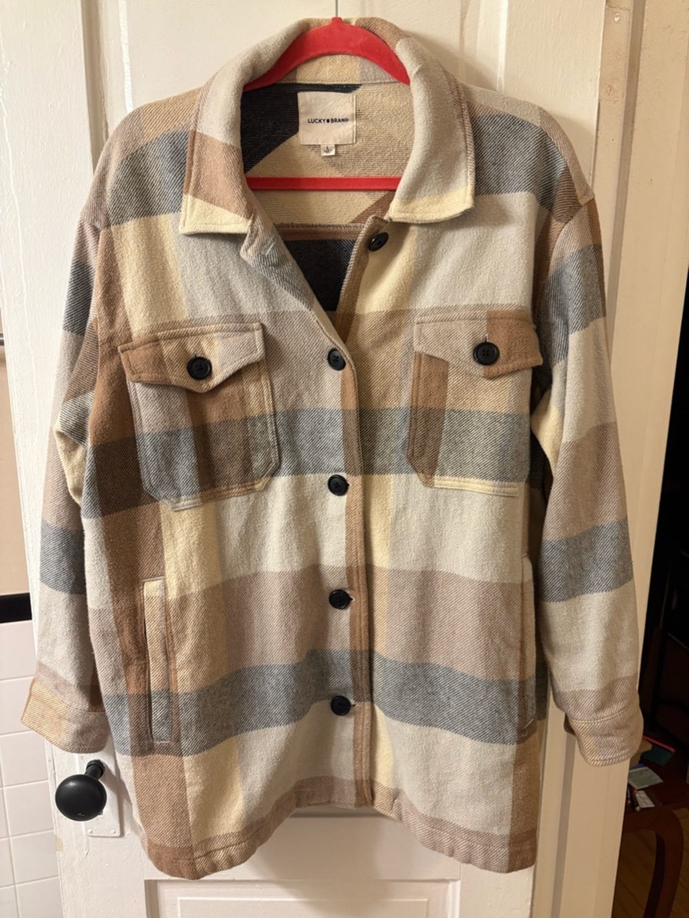 Lucky Brand Beige, Tan & Gray Plaid Utility Shacket